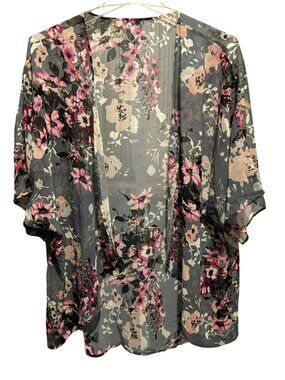 Women 2X Floral Print Lightweight Chiffon Kimono Cardigan Beach Wear Cover Up